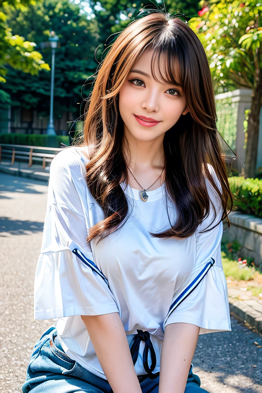 seed;88117315,((Full Body Angle))、((Front hair:1.3))、((Highest quality, 8K, masterpiece: 1.3)), concentrated: 1.2, Cute girl 1,Nipples erect、 Perfect beauty: 1.4,Cut and sewn T-shirt Raglan sleeve summer short sleeve T-shirt.Shorts: 1.2,Long sleeve、Randall Color、comics&Text Graphics、Black ruffle-trimmed drawstring zip blouse,1.1, Highly detailed face and skin textures, Fine grain, double eyelid, whitening skin, ,Highest quality,Ultra-high resolution,you,1 girl,alone,_Shiny_skin,Iris,necklace,((brown_length_Wavy_hair)),(lips)),eyelash,Front hair,deal with,compensate,Shiny,pore,skin,Large Breasts、((smiling face))、Riverside Walk、walk、