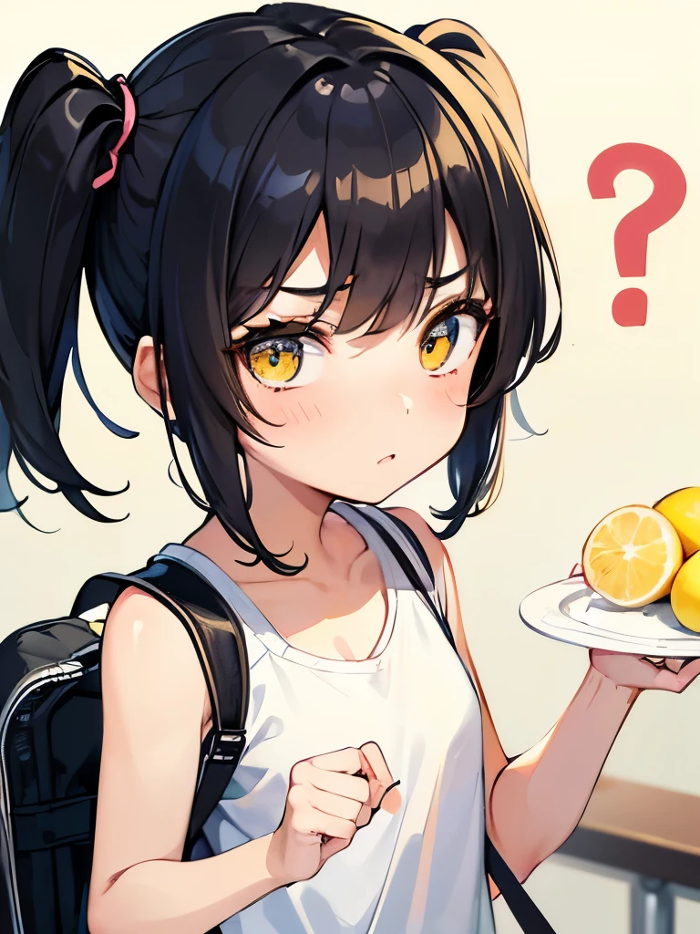 masterpiece, best quality, extremely detailed, anime, very Young girl, short, ,black hair, pigtails, sleeveless shirt, school bag, question mark, puzzled expression,( plate with lemon and whipped cream)