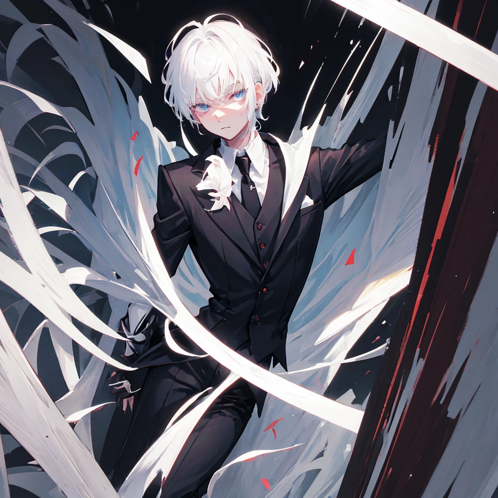 A white-haired boy,Shigeo,vampire,,Wearing a black suit,((Pure black background))