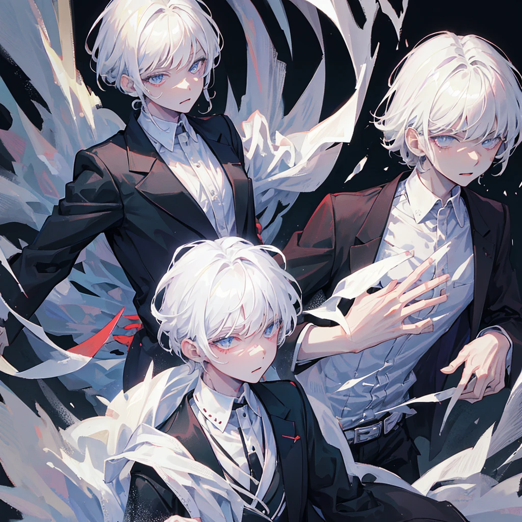 A white-haired boy，Shigeo，vampire，，Wearing a black suit，((Pure black background))