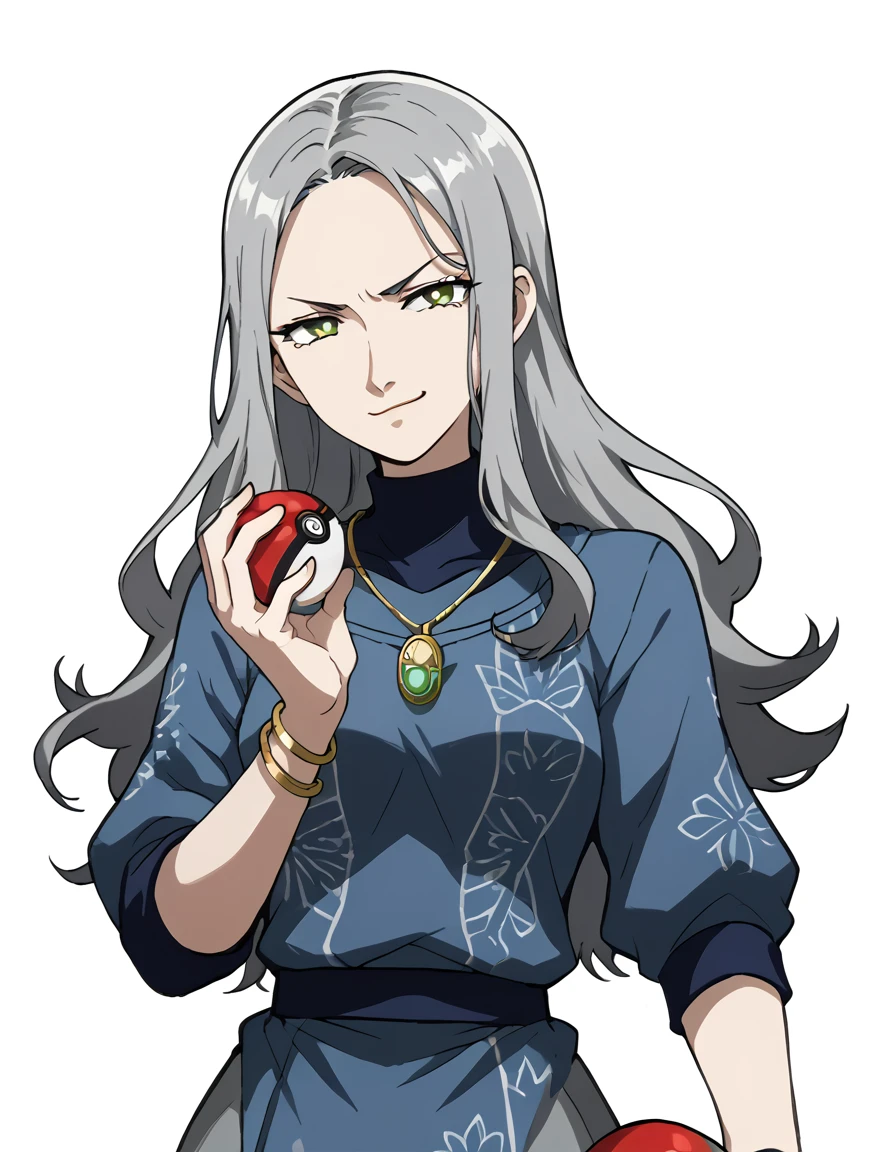 ((((white background)))), simple background, watercolor, 1 girl, standing, long hair, silver hair, light skin, smug green eyes, front view, gray pants, light navy blue tunic decorated with silver patterns music inspired, bracelets, black shoes, holding a pokeball, score_9, score_8_up, score_7_up, pendant, score_6_up, score_5_up, score_4_up, BREAK anime_source, masterpiec