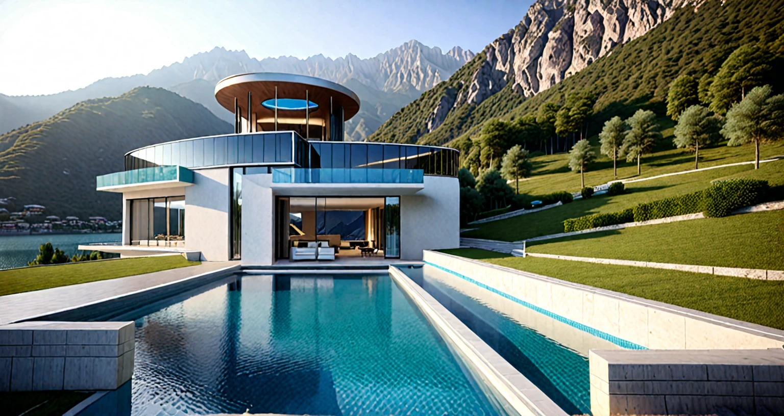 A home with a sense of futuristic technology，3-storey building，Set against the mountains，Facing the lake，Huge swimming pool，modern architectural style， hyperedetailed photo，buliding，iintricate，shadowing, HighDynamicRange，Dynamic lighting, Fotorrealista, Natural soft light, Low H, tmasterpiece, Detailed 8K，There are super many details，Oversized floor-to-ceiling glass，A combination of technology and the natural environment，Has a super cool look，
