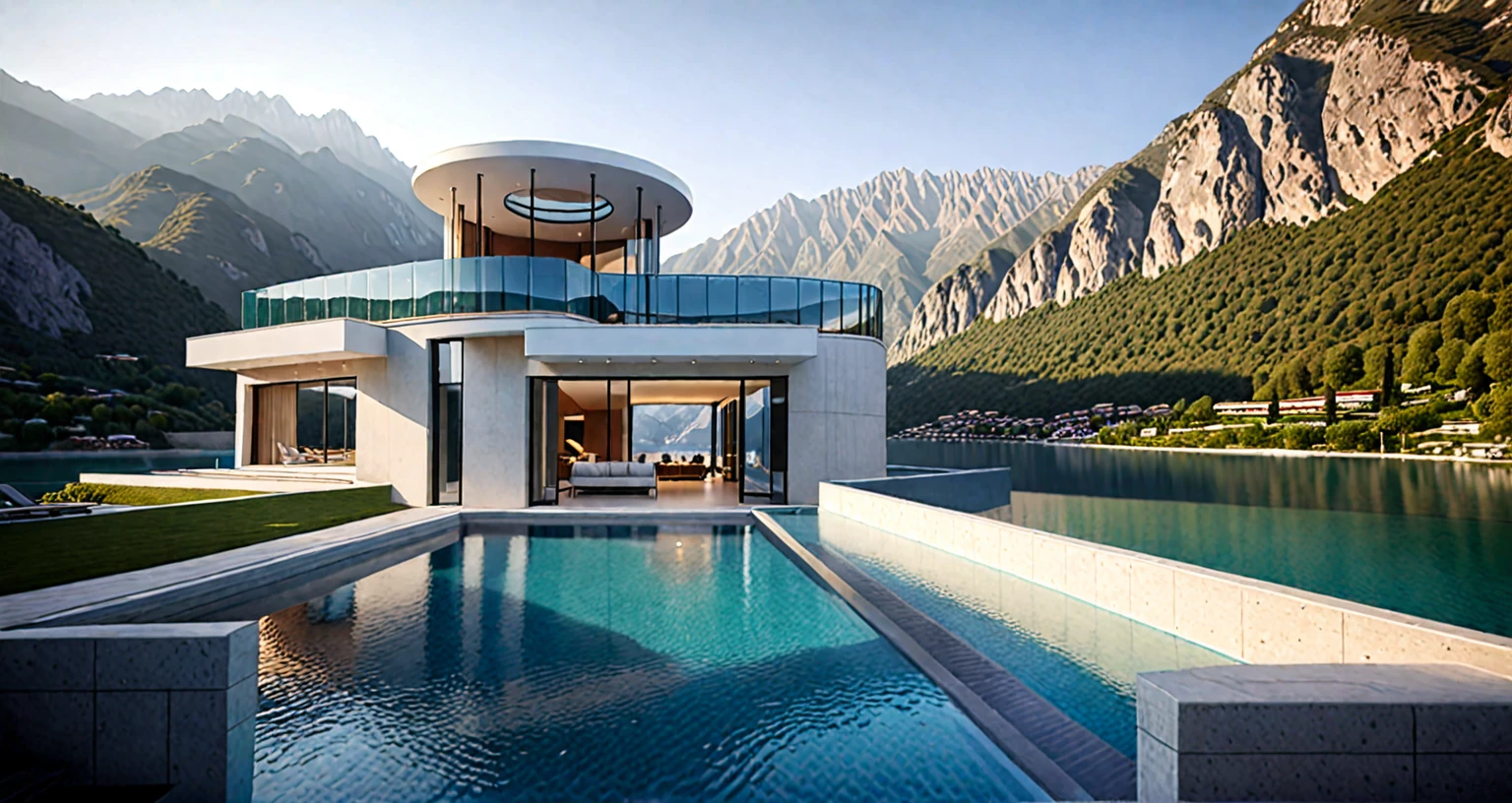 A home with a sense of futuristic technology，3-storey building，Set against the mountains，Facing the lake，Huge swimming pool，modern architectural style， hyperedetailed photo，buliding，iintricate，shadowing, HighDynamicRange，Dynamic lighting, Fotorrealista, Natural soft light, Low H, tmasterpiece, Detailed 8K，There are super many details，Oversized floor-to-ceiling glass，A combination of technology and the natural environment，Has a super cool look，
