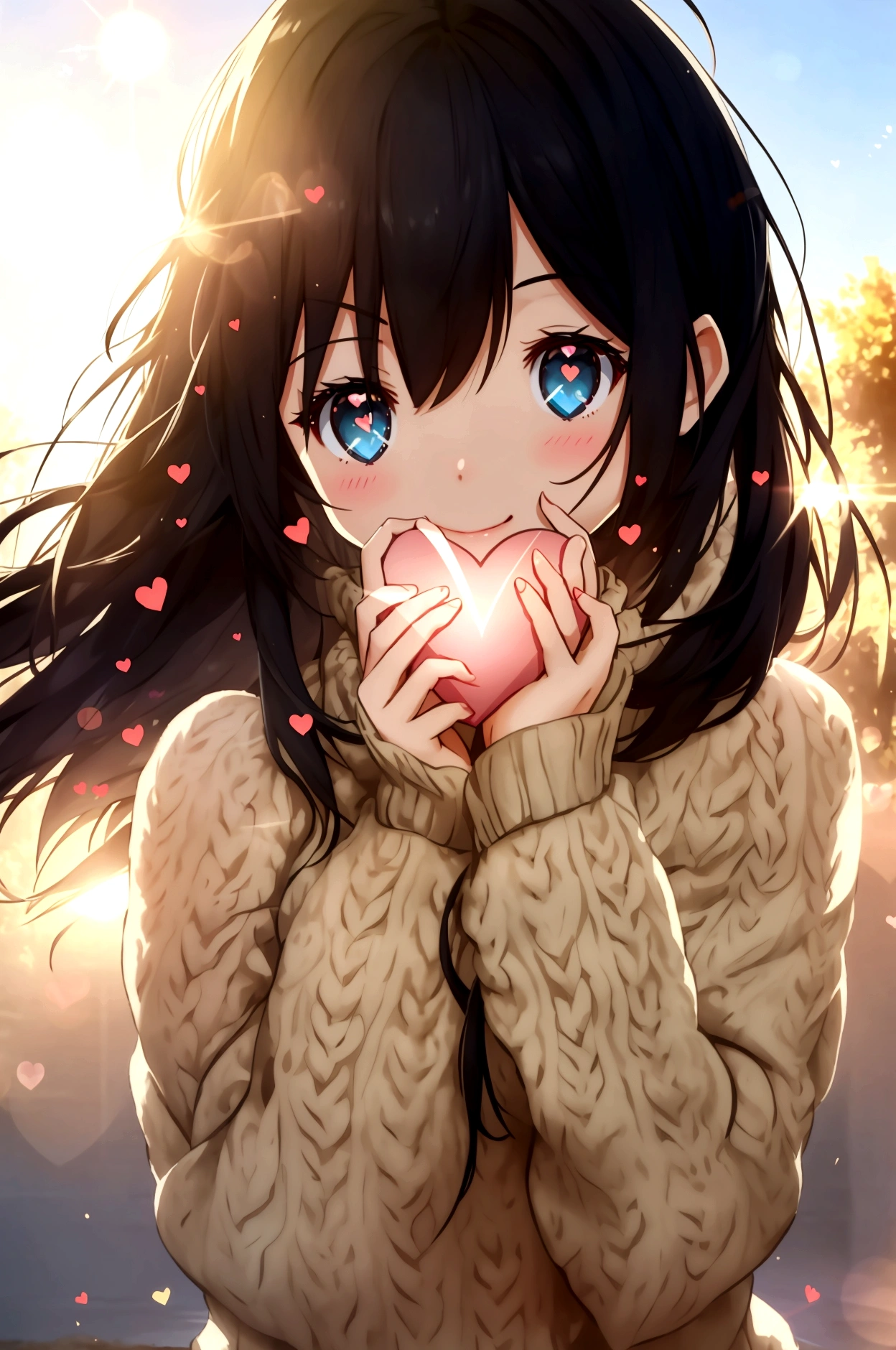 With a girl, Black Hair, Wear a cozy sweater, Upper Body, (LOL:1.1),smile, (Eyes Wide Open:1.2), Sun glare, Bokeh, Depth of written boundary, Blurred Background, Light Particles, Strong winds, (Heart Particles:1.1), 4K
