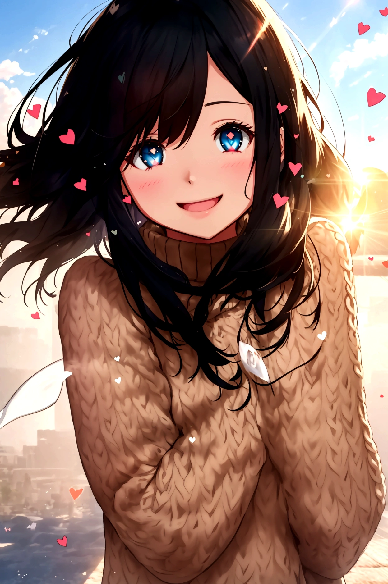 With a girl, Black Hair, Wear a cozy sweater, Upper Body, (LOL:1.1),smile, (Eyes Wide Open:1.2), Sun glare, Bokeh, Depth of written boundary, Blurred Background, Light Particles, Strong winds, (Heart Particles:1.1), 4K