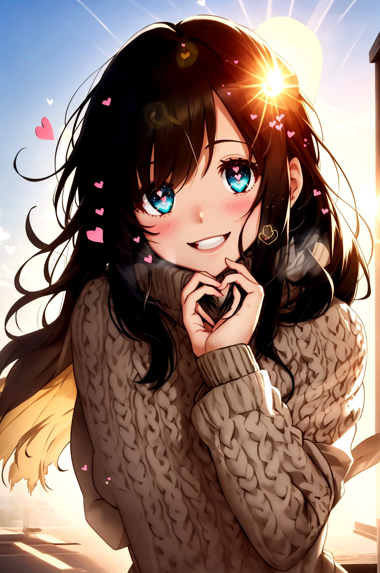With a girl, Black Hair, Wear a cozy sweater, Upper Body, (LOL:1.1),smile, (Eyes Wide Open:1.2), Sun glare, Bokeh, Depth of written boundary, Blurred Background, Light Particles, Strong winds, (Heart Particles:1.1), 4K