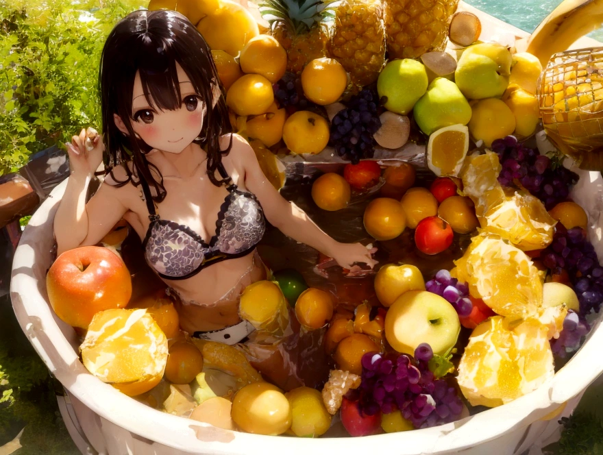 Pineapple cute bra and pineapple cute underwear girl、Apples, oranges and bananas take a bath in abundance、Soak in the open-air bath、barefoot、There are lots of grapes and muscats around.