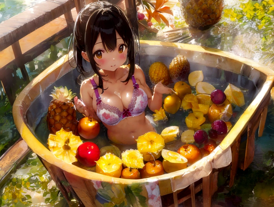 Pineapple cute bra and pineapple cute underwear girl、Apples, oranges and bananas take a bath in abundance、Soak in the open-air bath、barefoot、There are lots of grapes and muscats around.
