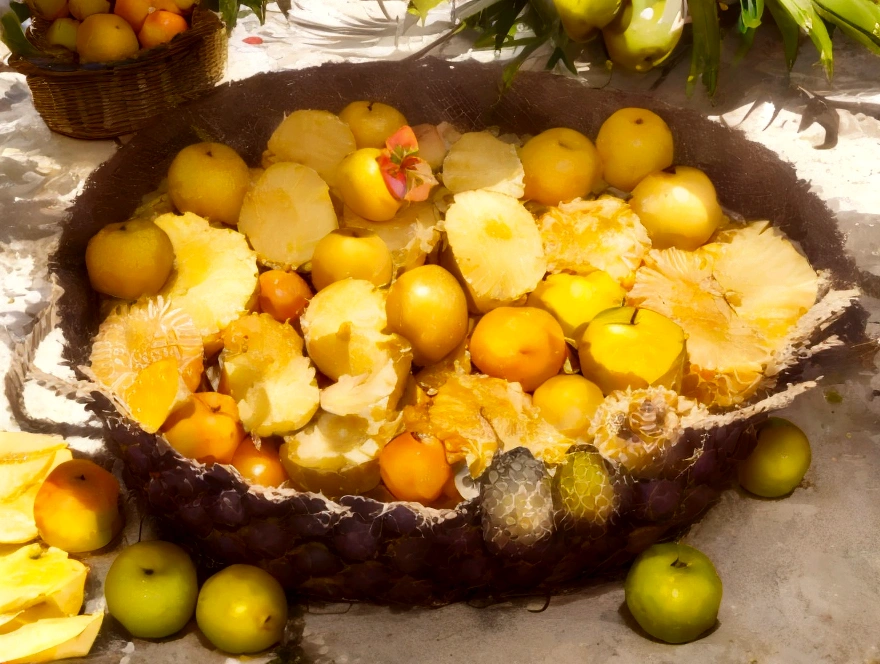 Pineapple cute bra and pineapple cute underwear girl、Apples, oranges and bananas take a bath in abundance、Soak in the open-air bath、barefoot、There are lots of grapes and muscats around.