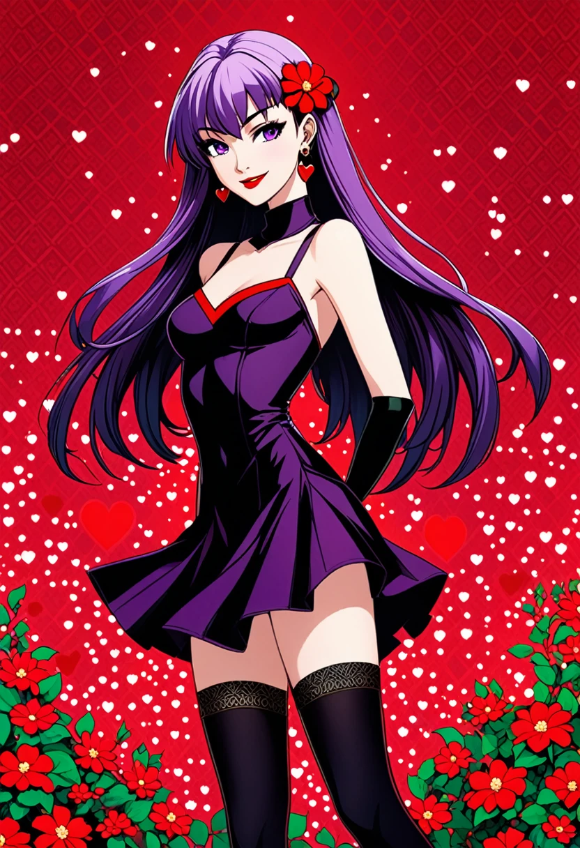 (anime, masterpiece, intricate:1.1), summer aestetic background, comics_darkstalkers_morrigan_aensland, 1girl, Slender hips, slim stomach, thin waist, posing, back view, aesthetically pleasing view, looking at viewer, medium breasts, slim body, violet hair, violet eyes, skimpy short atlas dress, long hair, black garter stockings, symmetrical stocking size, heart shaped small earrings, girly decorations, solo, flowers, modest smile, bright red lipstick, painted nails (red)
