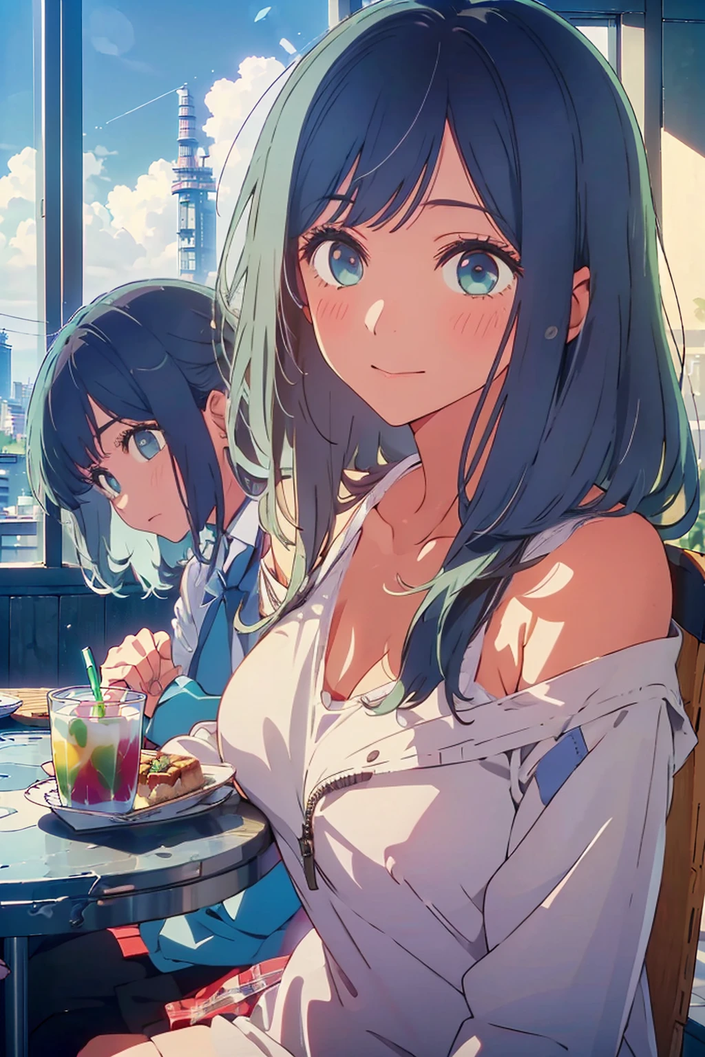 (Highest quality:1.4、8K:1.4、detailed)、F cup bust、Big Breasts、Slim body、Very white beautiful skin、((((1 person、smile、Surprised expression、sit、Chair、In the background are the urban buildings of Tokyo、looking at the camera、Indoor cafe terrace、Navy hair color、Straight Long Hair、juice、table、Shooting up close、Shooting from an angle、Very cute face))))、(((nude、Areola)))、(Touching cheeks with both hands pose:1.4)、((Off-the-shoulder zip-up jacket))、Nipples、Very blue sky、A completely cloudless sky