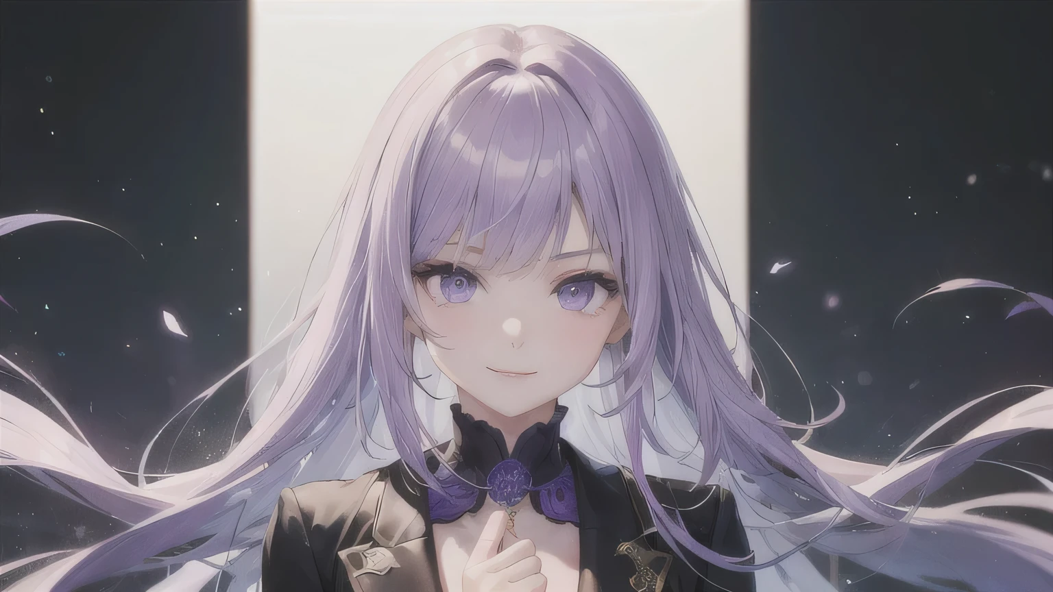 7:Divide your bangs into three、One Girl,20-year-old,Beautiful Face,Upper Body,Light purple hair、Straight Hair、Long Hair、center part、Sharp focus,suit、Serious smile、Purple Eyes