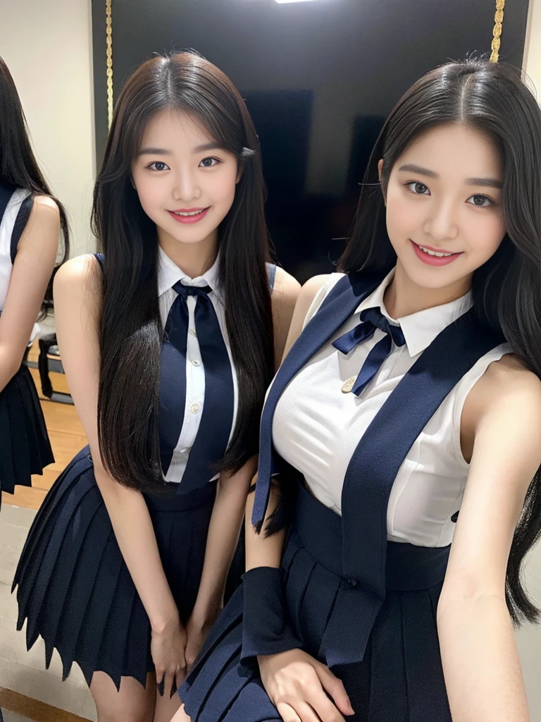 (A super cute Korean high school girl duo with nameplates hanging from their necks take a photo 1.2)(grin,Smile)(Beautiful Sweat:1.1)(16K, RAW Photos, Highest quality, masterpiece: 1.2),(Shiny black hair) Super detailed, Super Resolution, (Genuine, Genuine photos: 1.37), Portraiture, High-resolution RAW color photos, Professional photos, Very detailed, 8k wallpaper, Very detailed CG Unity 8k wallpaper, Very detailed beautiful girls, Very detailed faces, ((whole body)), beautiful woman, Huge breasts,(huge boobs:1.1) (Big Boobs:1.1), Beauty college student (A tight, girly, navy sleeveless school uniform with ribbon.),high school girl, Korean Girls,(K-POP Female Idols), (Idol-class beauty)(Beautiful high school girl:1.1)(Volunteer Center)(18-year-old)(Stylish school uniform-style outfit:1.1)(Group photo:1.2)