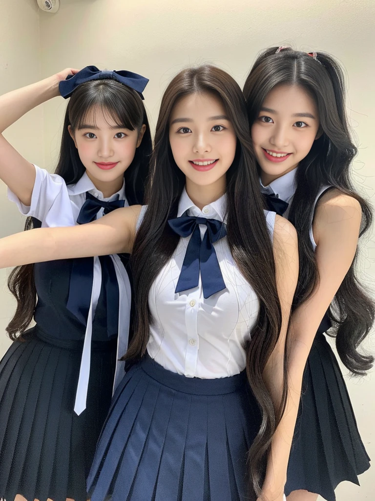 (A super cute Korean high school girl duo with nameplates hanging from their necks take a photo 1.2)(grin,Smile)(Beautiful Sweat:1.1)(16K, RAW Photos, Highest quality, masterpiece: 1.2),(Shiny black hair) Super detailed, Super Resolution, (Genuine, Genuine photos: 1.37), Portraiture, High-resolution RAW color photos, Professional photos, Very detailed, 8k wallpaper, Very detailed CG Unity 8k wallpaper, Very detailed beautiful girls, Very detailed faces, ((whole body)), beautiful woman, Huge breasts,(huge boobs:1.1) (Big Boobs:1.1), Beauty college student (A tight, girly, navy sleeveless school uniform with ribbon.),high school girl, Korean Girls,(K-POP Female Idols), (Idol-class beauty)(Beautiful high school girl:1.1)(Volunteer Center)(18-year-old)(Stylish school uniform-style outfit:1.1)(Group photo:1.2)