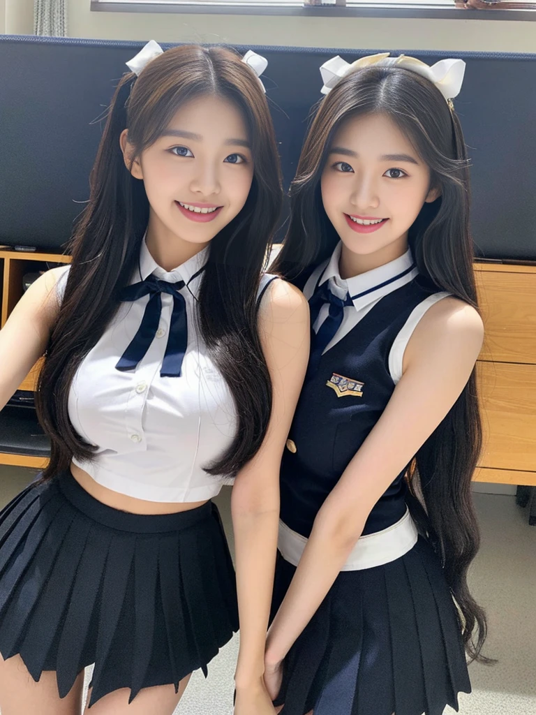 (A super cute Korean high school girl duo with nameplates hanging from their necks take a photo 1.2)(grin,Smile)(Beautiful Sweat:1.1)(16K, RAW Photos, Highest quality, masterpiece: 1.2),(Shiny black hair) Super detailed, Super Resolution, (Genuine, Genuine photos: 1.37), Portraiture, High-resolution RAW color photos, Professional photos, Very detailed, 8k wallpaper, Very detailed CG Unity 8k wallpaper, Very detailed beautiful girls, Very detailed faces, ((whole body)), beautiful woman, Huge breasts,(huge boobs:1.1) (Big Boobs:1.1), Beauty college student (A tight, girly, navy sleeveless school uniform with ribbon.),high school girl, Korean Girls,(K-POP Female Idols), (Idol-class beauty)(Beautiful high school girl:1.1)(Volunteer Center)(18-year-old)(Stylish school uniform-style outfit:1.1)(Group photo:1.2)