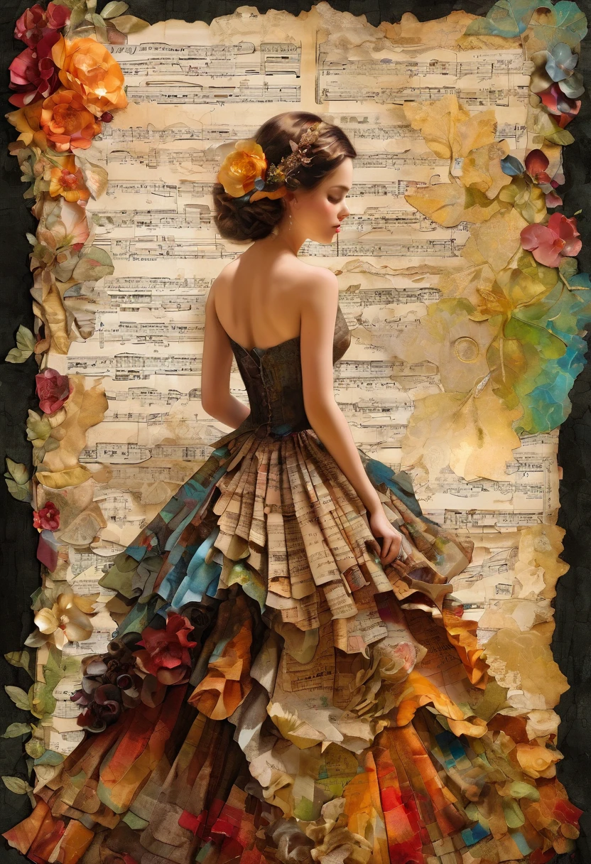 Super detailed alcohol ink painting of gorgeous girl, Made on top of a mixed-media masterpiece patchwork of stress-free vintage script paper, Ephemera, Torn cardboard, Vintage newspaper, Vintage sheet music, Wax Seal, Dress made of paper ruffles and life-size dainty lace, in the style of [Junk Journal, double exposure, Equal to the size of the body, Greg Simkins, Mark Davis, Oliver Jeffers, Andy Kehoe], Cinematic, Stunning, Highly detailed, 8K, dehazed