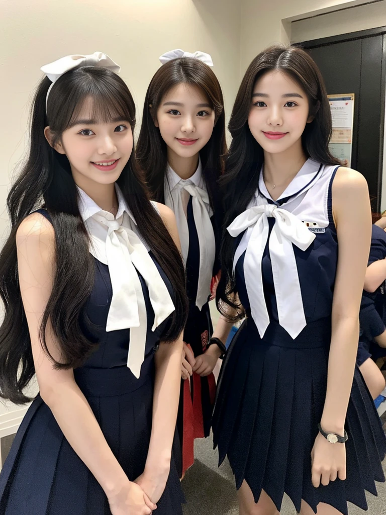 (A super cute Korean high school girl duo with nameplates hanging from their necks take a photo 1.2)(grin,Smile)(Beautiful Sweat:1.1)(16K, RAW Photos, Highest quality, masterpiece: 1.2),(Shiny black hair) Super detailed, Super Resolution, (Genuine, Genuine photos: 1.37), Portraiture, High-resolution RAW color photos, Professional photos, Very detailed, 8k wallpaper, Very detailed CG Unity 8k wallpaper, Very detailed beautiful girls, Very detailed faces, ((whole body)), beautiful woman, Huge breasts,(huge boobs:1.1) (Big Boobs:1.1), Beauty college student (A tight, girly, navy sleeveless school uniform with ribbon.),high school girl, Korean Girls,(K-POP Female Idols), (Idol-class beauty)(Beautiful high school girl:1.1)(Volunteer Center)(18-year-old)(Stylish school uniform-style outfit:1.1)(Group photo:1.2)