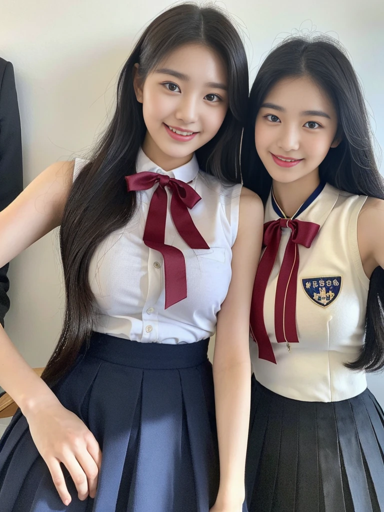 (A super cute Korean high school girl duo with nameplates hanging from their necks take a photo 1.2)(grin,Smile)(Beautiful Sweat:1.1)(16K, RAW Photos, Highest quality, masterpiece: 1.2),(Shiny black hair) Super detailed, Super Resolution, (Genuine, Genuine photos: 1.37), Portraiture, High-resolution RAW color photos, Professional photos, Very detailed, 8k wallpaper, Very detailed CG Unity 8k wallpaper, Very detailed beautiful girls, Very detailed faces, ((whole body)), beautiful woman, Huge breasts,(huge boobs:1.1) (Big Boobs:1.1), Beauty college student (A tight, girly, navy sleeveless school uniform with ribbon.),high school girl, Korean Girls,(K-POP Female Idols), (Idol-class beauty)(Beautiful high school girl:1.1)(Volunteer Center)(18-year-old)(Stylish school uniform-style outfit:1.1)(Group photo:1.2)