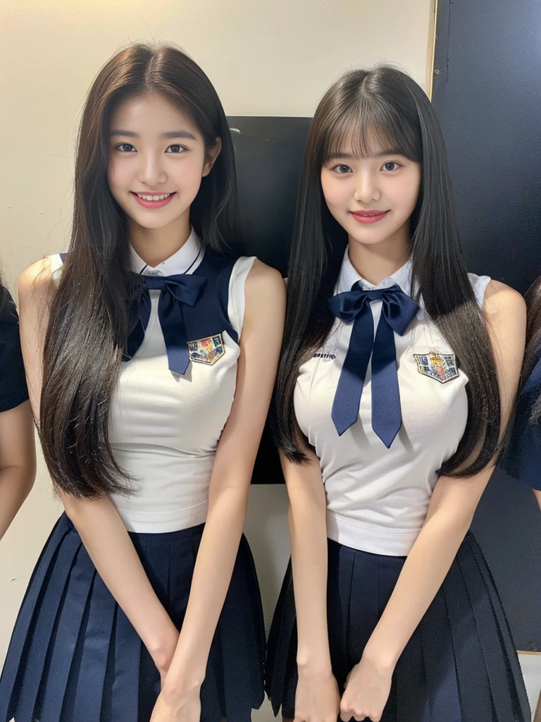 (A super cute Korean high school girl duo with nameplates hanging from their necks take a photo 1.2)(grin,Smile)(Beautiful Sweat:1.1)(16K, RAW Photos, Highest quality, masterpiece: 1.2),(Shiny black hair) Super detailed, Super Resolution, (Genuine, Genuine photos: 1.37), Portraiture, High-resolution RAW color photos, Professional photos, Very detailed, 8k wallpaper, Very detailed CG Unity 8k wallpaper, Very detailed beautiful girls, Very detailed faces, ((whole body)), beautiful woman, Huge breasts,(huge boobs:1.1) (Big Boobs:1.1), Beauty college student (A tight, girly, navy sleeveless school uniform with ribbon.),high school girl, Korean Girls,(K-POP Female Idols), (Idol-class beauty)(Beautiful high school girl:1.1)(Volunteer Center)(18-year-old)(Stylish school uniform-style outfit:1.1)(Group photo:1.2)