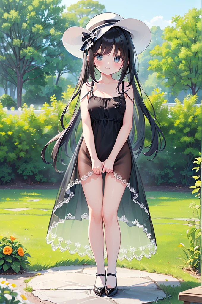 (high quality, High resolution, Very detailed, reality:1.37), Peaceful atmosphere, (Outdoor, garden), 5 year old girl standing alone, (my breasts are small.), Beautiful details, Cute Smile, (Long black hair), ((White Sheer Camisole Dress)), White socks, White high heels、White Hat.Browsing Caution、((See-through breasts))、((The crotch is visible))No pants((naked))