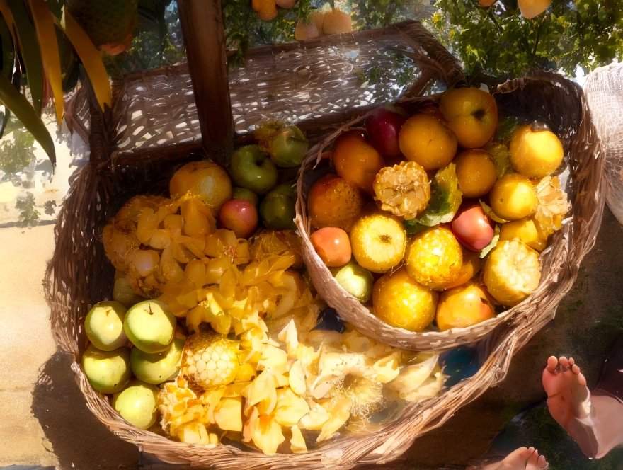 Pineapple cute bra and pineapple cute underwear girl、Apples, oranges and bananas take a bath in abundance、Soak in the open-air bath、barefoot、There are lots of grapes and muscats around.