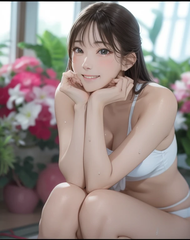 girl, Sweat, vapor, Center of chest, shy, Great hands, Looking at the audience, Cute Smile