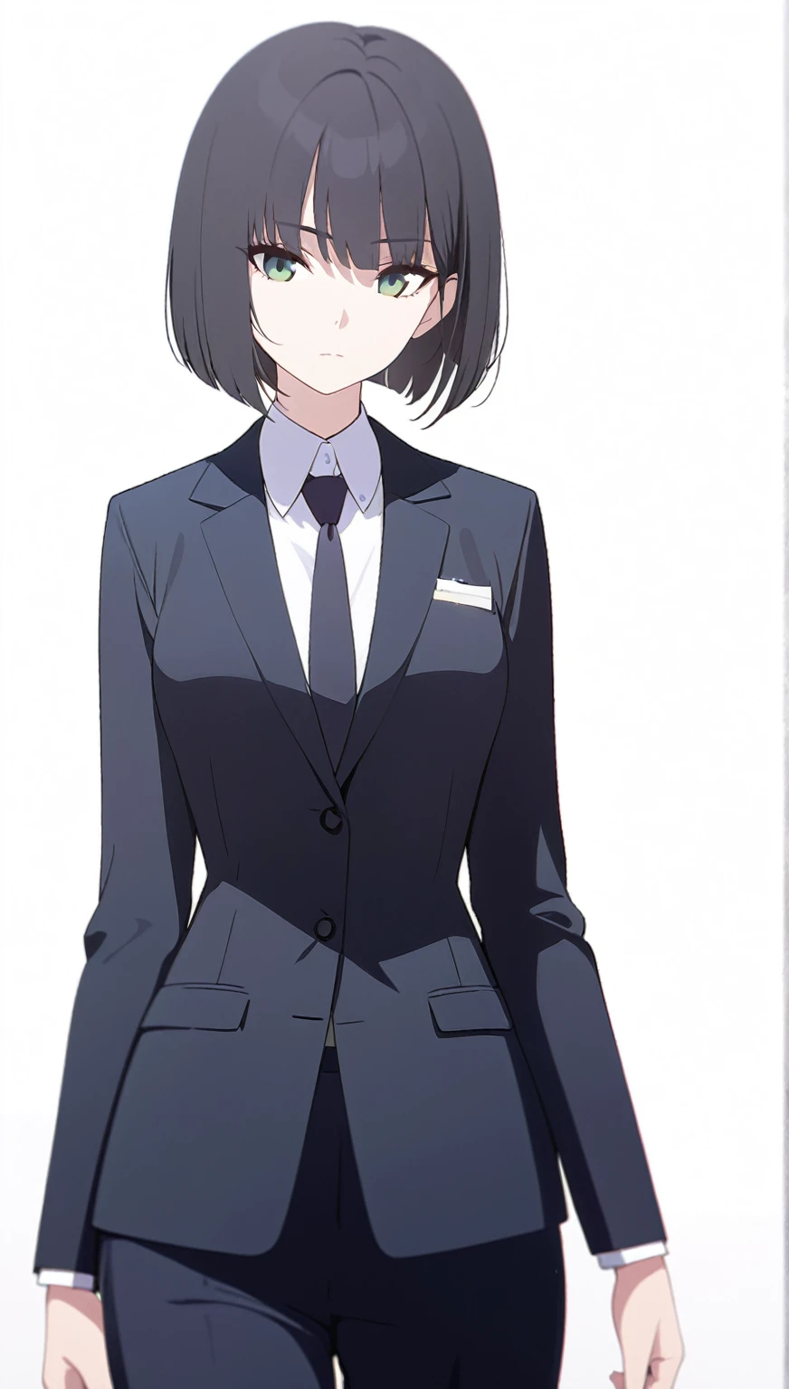 (masterpiece, high quality, best quality, highres,) One Woman, young, black hair, bob cut, Green Eyes, Athletic build, expressionless, closed mouth, office staff suit, Simple white background, standing, cowboy shot, from the front