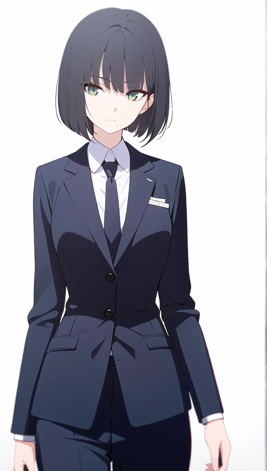 (masterpiece, high quality, best quality, highres,) One Woman, young, black hair, bob cut, Green Eyes, Athletic build, expressionless, closed mouth, office staff suit, Simple white background, standing, cowboy shot, from the front