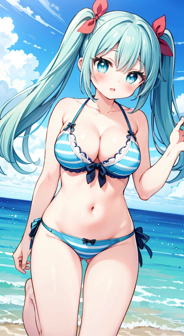 side tie panties,,masterpiece, highest quality, (anime screencap:1.3),(shape), cute,(simple:1), (anime:1.2),Solo Sharp Focus, 1 girl, cleavage,looking at the viewer, Ocean,Japan"Okinawa,Are standing,,(NSFW:1.2),bikini,pastel colour,beautiful hair,Horizontal stripes,heart shaped pupils,plaid pattern bra, plaid pattern panties,Twintail hair,jumping,puffy eyes,aqua colors,cute eyes,