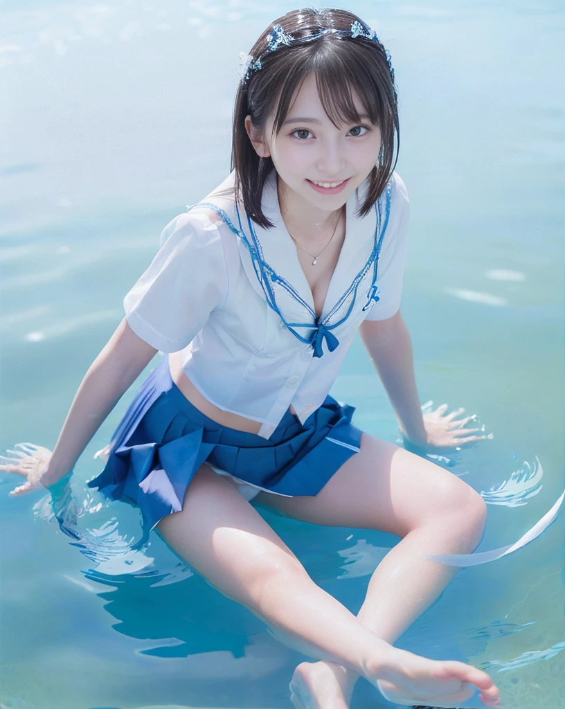 (NFSW)、(High resolution:1.5)、Highest quality,Very detailed,masterpiece,Super detailed,alone,(One 12 year old girl),((Summer School Uniforms:1.5)), Seraphim, ((skirt:1.5)), smile, Thigh fetish images: 1.5、(((barefoot)))、(Her thighs and white bikini reflected in the clear blue water)、(reflected in water:1.5)、((White string panties make thighs visible:1.5))、(Cleavage)、((Clear blue seawater))、Summer sun、はしゃいだsmile、Beautiful Eyes、(pull-out-panties)、(Panties on thighs)、Big necklace and tiara、The water is marine blue、pull-lift-panties