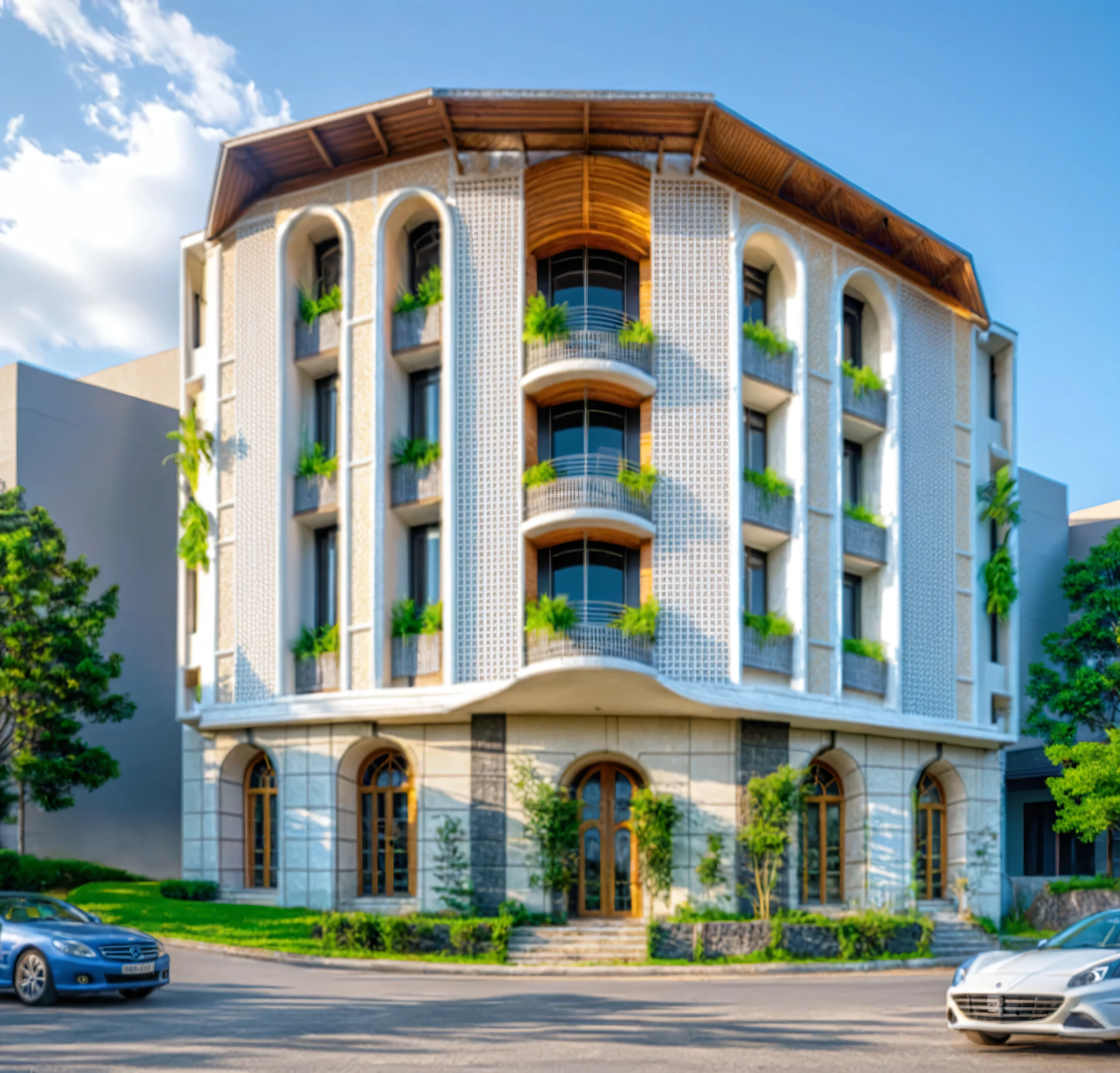 Raw photo,Masterpiece, high quality, best quality, authentic, super detail, exterior, outdoors,Tuonghoagio,house, modern stytle, on the street,wind flower wall, glass windows, white wall,gate, metal railing road,pavement, grass, trees, blue sky, (daylight:1.1), ((realistic photo))
