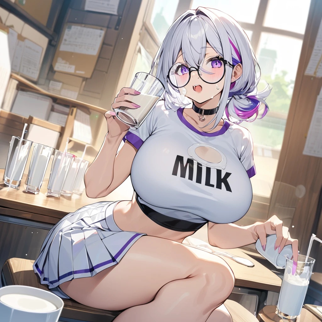 girl, drink a glass of milk, milk in face, large breast, ((croptop)), short white skirt, taut shirt,academy, purple and white hair, multicolored hair, purple eyes, choker, circle-glasses