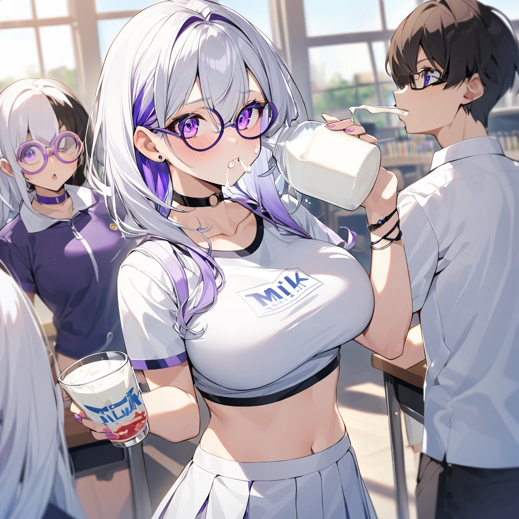 girl, drink a glass of milk, milk in face, large breast, ((croptop)), short white skirt, taut shirt,academy, purple and white hair, multicolored hair, purple eyes, choker, circle-glasses