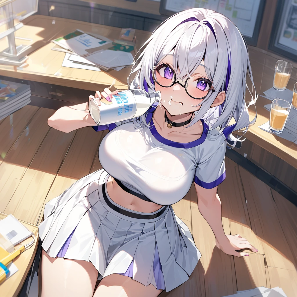 girl, drink a glass of milk, milk in face, large breast, ((croptop)), short white skirt, taut shirt,academy, purple and white hair, multicolored hair, purple eyes, choker, circle-glasses
