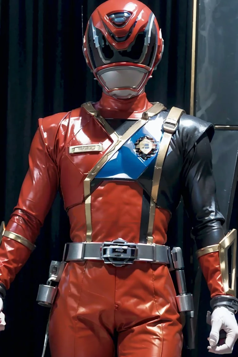Fantasy background, cafe rpg style, empty chair, table, set of tea glass, (power rangers)), One guy、, ((red ranger suit)), red and blue chest armor with gold details,   costume, Solo, ((fit figure)), (Anatomically correct), Cowboy shot, masked face, guns, muscular build