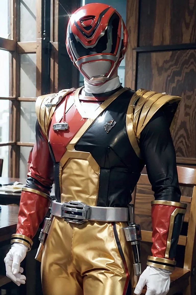 Fantasy background, cafe rpg style, empty chair, table, set of tea glass, (power rangers)), One guy、, ((red ranger suit)), red and blue chest armor with gold details,   costume, Solo, ((fit figure)), (Anatomically correct), Cowboy shot, masked face, guns, muscular build