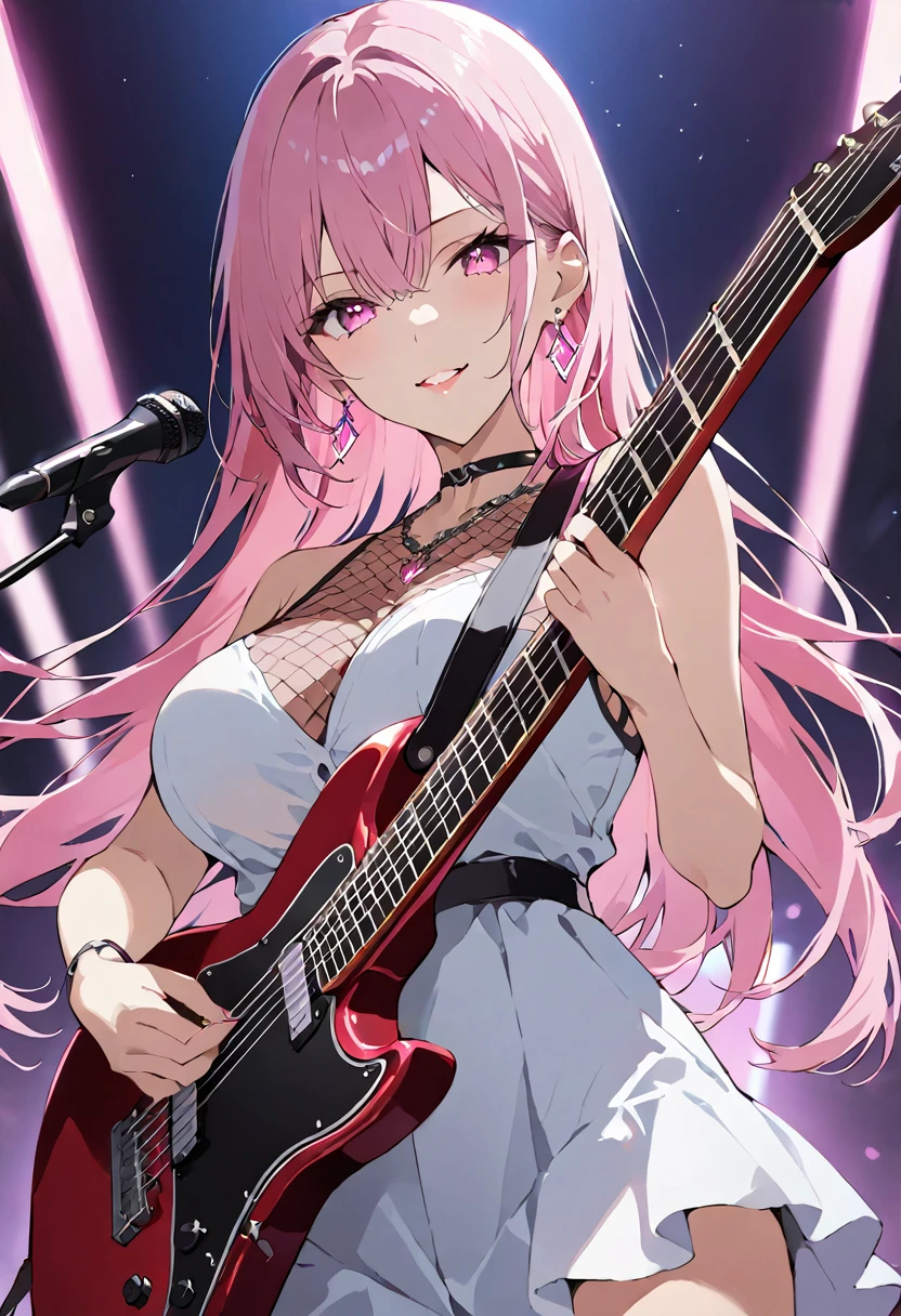 ((masterpiece)), ((best quality)), (ultra-detailed), ((extremely detailed)), 4K, (8K), best quality, (beautiful), anime style, Live performance venue, night, a cute girl, 1girl, solo, playing the guitar, beautiful pink hair, beautiful pink eyes, ((beautiful eyes)), mesh, lip, large breast, slim, slender, earrings, necklace, triumphant look, smug look, self-satisfied look, sparkling effect, luminous effect, neon light, shiny,