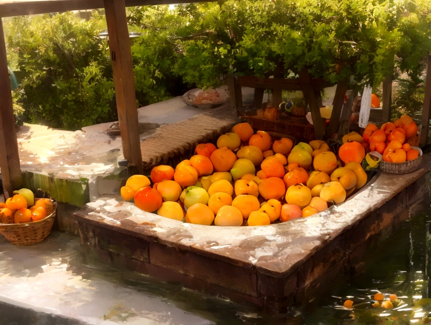 Naked, shaved, cute girl、Apples, oranges and bananas take a bath in abundance、Soak in the open-air bath、barefoot、There are lots of grapes and muscats around.