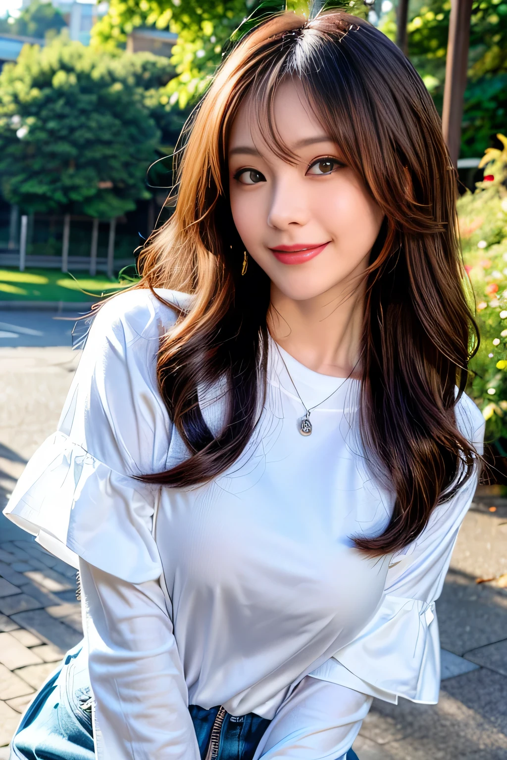 seed;88117315,((Full Body Angle))、((Front hair:1.3))、((Highest quality, 8K, masterpiece: 1.3)), concentrated: 1.2, Cute girl 1,Nipples erect、 Perfect beauty: 1.4,Cut and sewn T-shirt Raglan sleeve summer short sleeve T-shirt.Shorts: 1.2,Long sleeve、Randall Color、comics&Text Graphics、Black ruffle-trimmed drawstring zip blouse,1.1, Highly detailed face and skin textures, Fine grain, double eyelid, whitening skin, ,Highest quality,Ultra-high resolution,you,1 girl,alone,_Shiny_skin,Iris,necklace,((brown_length_Wavy_hair)),(lips)),eyelash,Front hair,deal with,compensate,Shiny,pore,skin,Large Breasts、((smiling face))、Riverside Walk、walk、