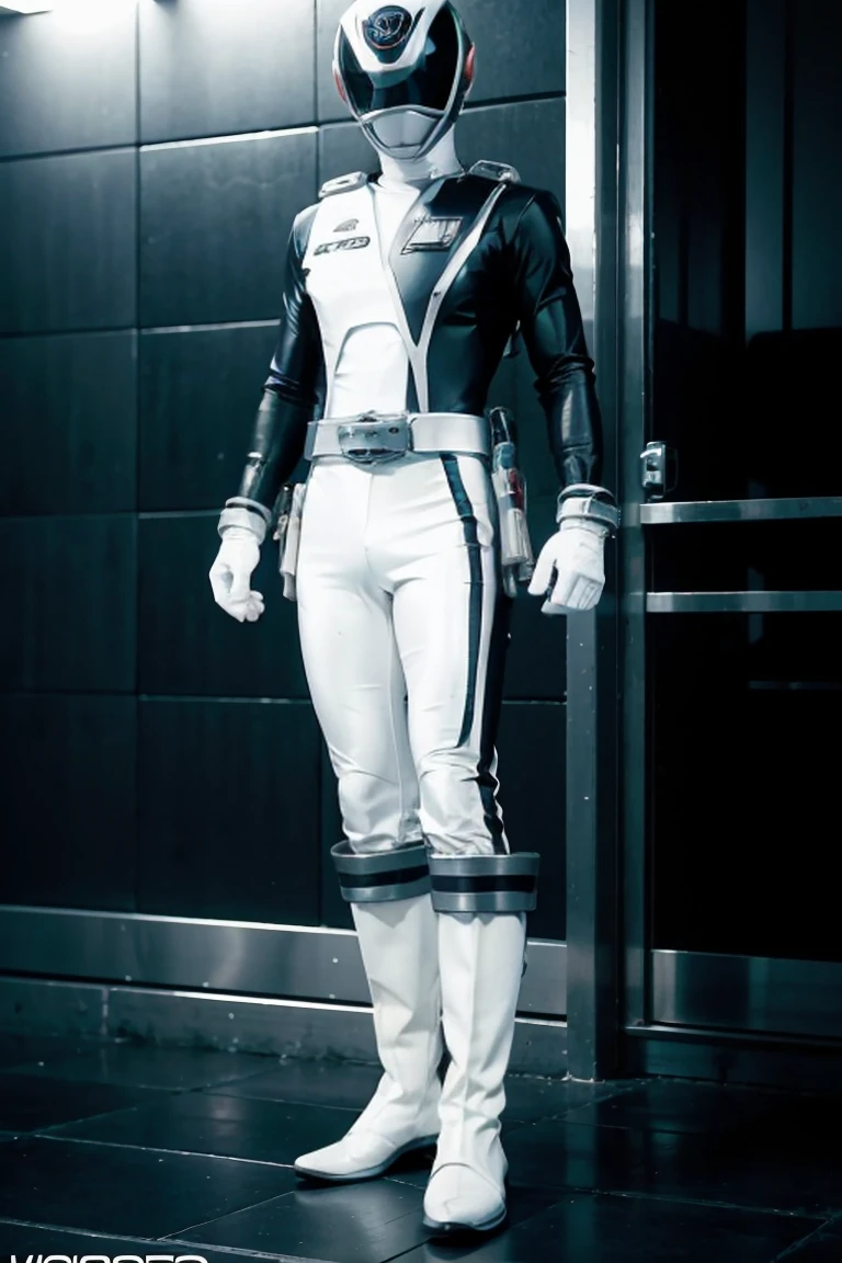 1boy, white, full body, Illustration, cinematic light, high resolution, best quality, ultra detailed, masterpiece, power suit, powerranger, suit, spd, (white ranger suit))