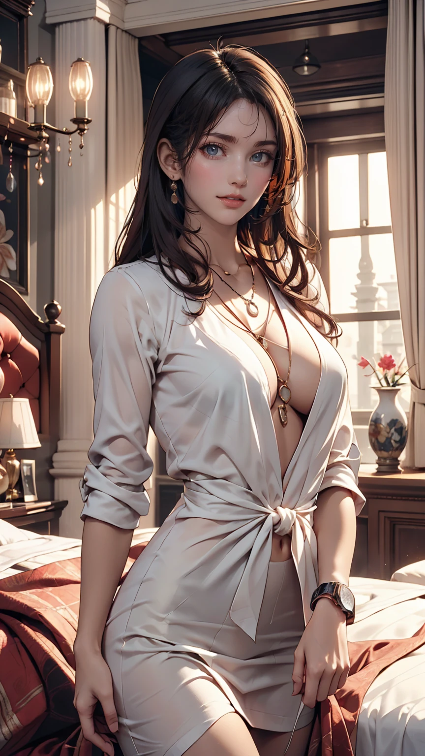 masterpiece, Highest quality, 8K, High resolution, (Head to Toe:1.4), RAW digital fixed-point shot of young London woman standing proudly, slim, Sexy body and face, Smiling mockingly at the viewer, Expensive modern clothes, hair ornaments, Discreet Jewelry, Hotel Suite, Intricate details, At dusk, Indoor lighting and sunset from outside the frame, Realistic lighting, Dynamic colors through lighting, Surreal、Sexy proportions、Sexy、Narrow waist、necklace、Wear accessories on your wrist