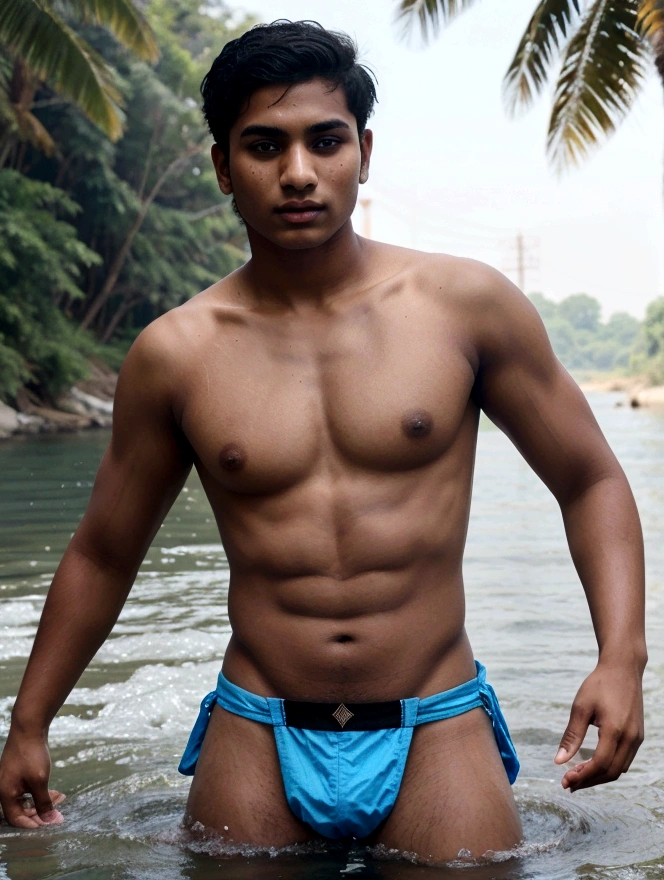 A 19 years old Indian bihari handsome man, white skin, black short hair, in river blue water, image fill, speed lines, motion blur, high quality, high details, 16k, 1080P, HD, textured skin