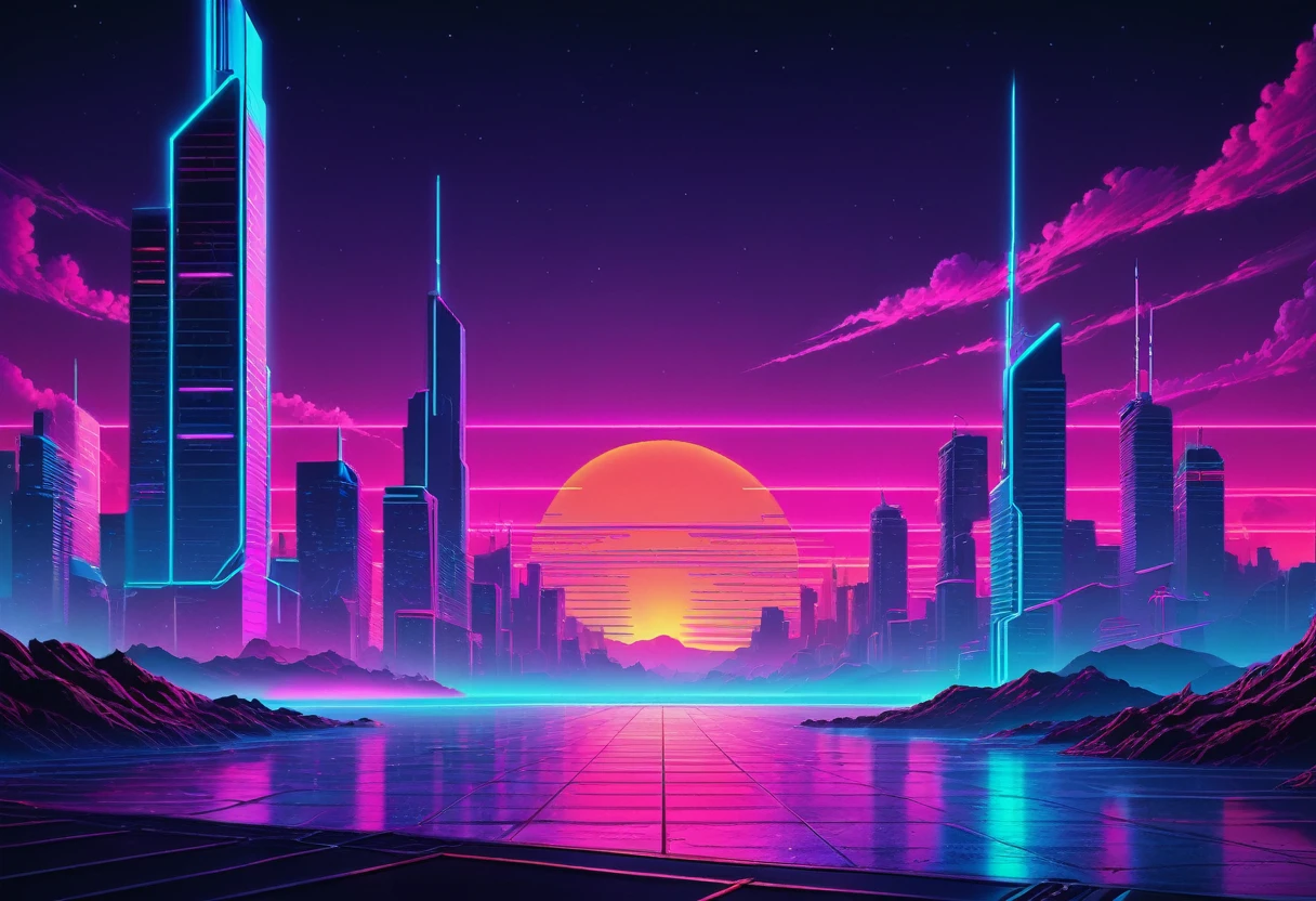 Create a realistic landscape background in a synthwave style from the 1980s. The scene should feature a neon grid, vibrant colors, and a detailed retro-futuristic cityscape in the background. Include realistic lighting and shadows to enhance the overall realism of the image. Dimensions: 120x480