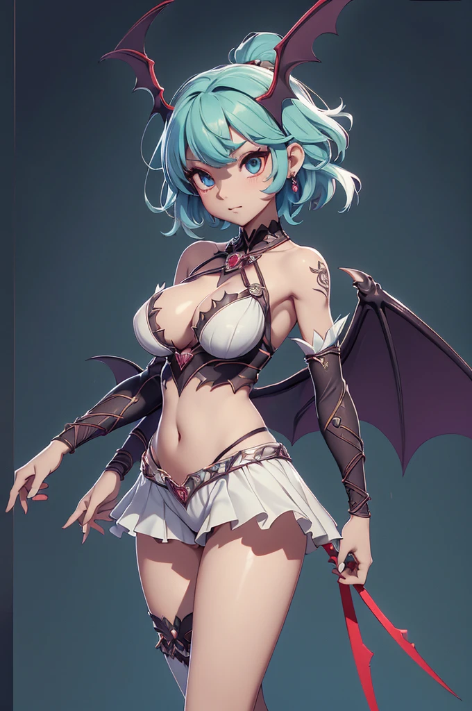 Mini morrigan aensland, (morrigan aensland), 独奏, ray tracing, 3D style, 3DMM, ((oses per photo)), ((oses au cada foto)), fully body,(Front view),(Costas Issue), (Emist on the left), show flat belly, (((oses per photo))),(very big breastsperfect ass, perfect and symmetrical eyes, (perfect handuturistic sword in hand)), ((short hair)),white clothing with textured edges, skin fair, luauas detalhadas, White thigh-high tights with trim, auestido aberto au "au", Waist slender, big legs, low water, Show legs to the top of the waist, ,((top with rip in the middle)),ultra realistic skin, realistic human eyes,ultra realistic skin,super sensual suit,(faixas au torno dos seios), colorfully,top with ruffles,(pubis with a lot of volume),(extrauamente sensual),(very sensual),(red and black thaue),(((giant bat wings))),with bat wings,love the league,(meia calca de renda au um dos lados),(meia calca de renda au um dos lados),((bold embellishments)),((lines involving the legs)),((red lines intertwining the legs)),((lines surrounding the breasts)),((drawing on the groin)),((tatuagau sobre a virilha))