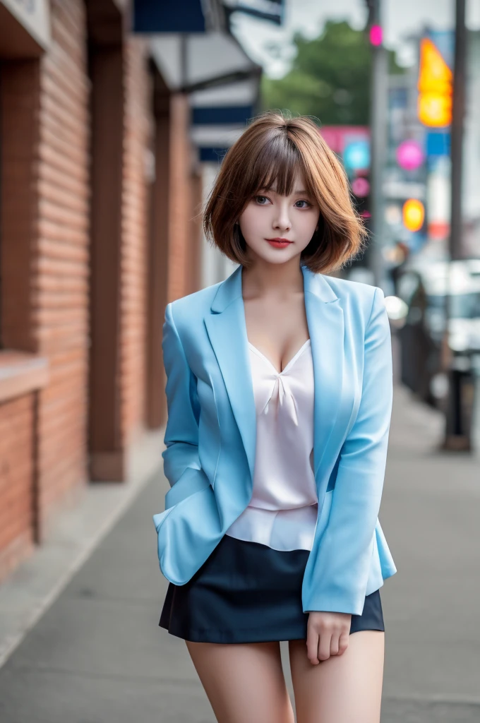 a 20 year old face of the most beautiful actress in the world, the perfect body proportions of a female, too short hair cut of a female is just like male one, the perfect shaped of female breasts, tight closed blazer is worn with formal shirt on female upper body, shirt skirt is worn with panties on female lower body, panties between bare legs under short skirt are seen just a little, standing, at the city street, nsfw, best quality, highly detailed, masterpiece, ultra high res, photo realistic, 8k
