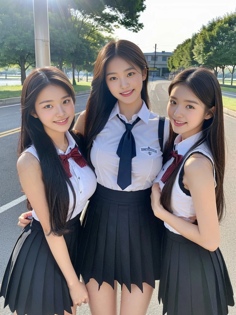 (A super cute Korean high school girl takes a photo with two close friends from her class..2)(grin,Smile)(Beautiful Sweat:1.1)(16K, RAW Photos, Highest quality, masterpiece: 1.2),(Shiny black hair) Super detailed, Super Resolution, (Genuine, Genuine photos: 1.37), Portraiture, High-resolution RAW color photos, Professional photos, Very detailed, 8k wallpaper, Very detailed CG Unity 8k wallpaper, Very detailed beautiful girls, Very detailed faces, ((whole body)), beautiful woman, Huge breasts,(huge boobs:1.1) (Big Boobs:1.1), Beauty college student (A tight, girly, navy sleeveless school uniform with ribbon.),high school girl, Korean Girls,(K-POP Female Idols), (Idol-class beauty)(Beautiful high school girl:1.1)(Bus stop on a country road)(18-year-old)(Stylish school uniform-style outfit:1.1)(Group photo:1.3)