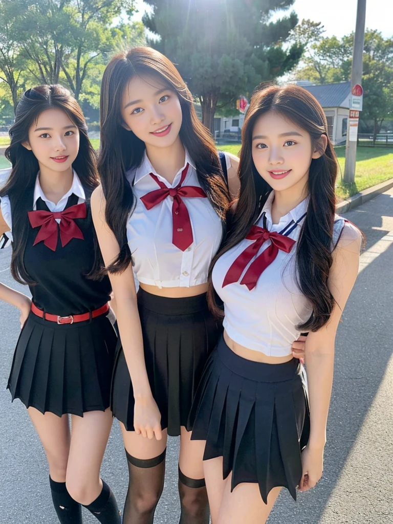 (A super cute Korean high school girl takes a photo with two close friends from her class..2)(grin,Smile)(Beautiful Sweat:1.1)(16K, RAW Photos, Highest quality, masterpiece: 1.2),(Shiny black hair) Super detailed, Super Resolution, (Genuine, Genuine photos: 1.37), Portraiture, High-resolution RAW color photos, Professional photos, Very detailed, 8k wallpaper, Very detailed CG Unity 8k wallpaper, Very detailed beautiful girls, Very detailed faces, ((whole body)), beautiful woman, Huge breasts,(huge boobs:1.1) (Big Boobs:1.1), Beauty college student (A tight, girly, navy sleeveless school uniform with ribbon.),high school girl, Korean Girls,(K-POP Female Idols), (Idol-class beauty)(Beautiful high school girl:1.1)(Bus stop on a country road)(18-year-old)(Stylish school uniform-style outfit:1.1)(Group photo:1.3)