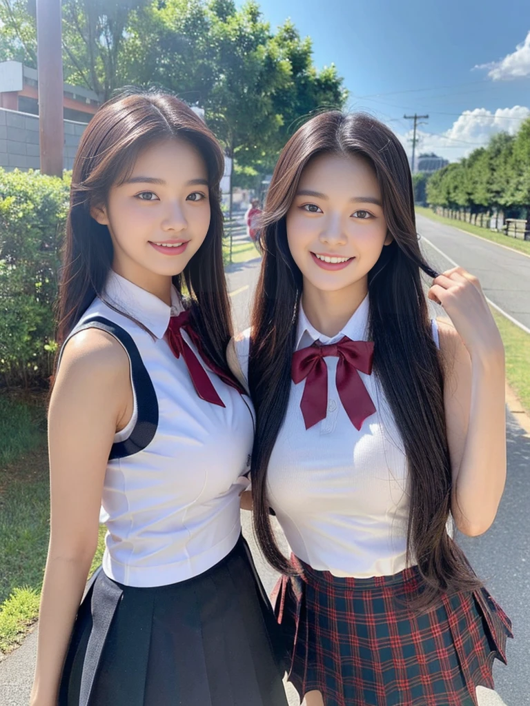 (A super cute Korean high school girl takes a photo with two close friends from her class..2)(grin,Smile)(Beautiful Sweat:1.1)(16K, RAW Photos, Highest quality, masterpiece: 1.2),(Shiny black hair) Super detailed, Super Resolution, (Genuine, Genuine photos: 1.37), Portraiture, High-resolution RAW color photos, Professional photos, Very detailed, 8k wallpaper, Very detailed CG Unity 8k wallpaper, Very detailed beautiful girls, Very detailed faces, ((whole body)), beautiful woman, Huge breasts,(huge boobs:1.1) (Big Boobs:1.1), Beauty college student (A tight, girly, navy sleeveless school uniform with ribbon.),high school girl, Korean Girls,(K-POP Female Idols), (Idol-class beauty)(Beautiful high school girl:1.1)(Bus stop on a country road)(18-year-old)(Stylish school uniform-style outfit:1.1)(Group photo:1.3)