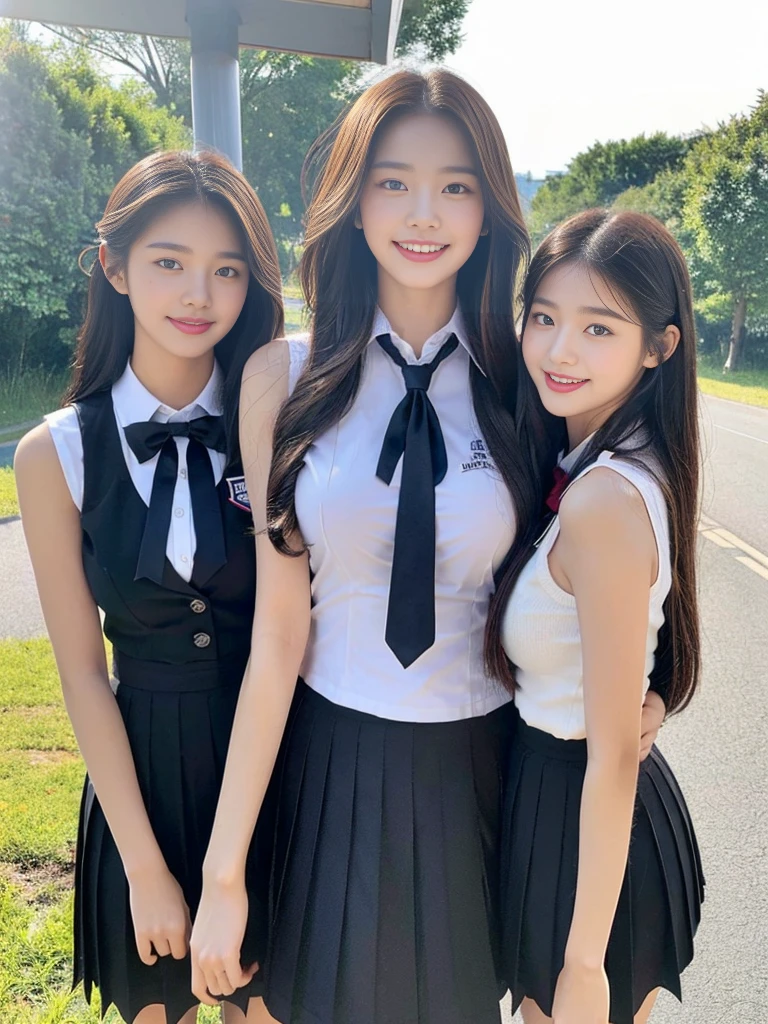 (A super cute Korean high school girl takes a photo with two close friends from her class..2)(grin,Smile)(Beautiful Sweat:1.1)(16K, RAW Photos, Highest quality, masterpiece: 1.2),(Shiny black hair) Super detailed, Super Resolution, (Genuine, Genuine photos: 1.37), Portraiture, High-resolution RAW color photos, Professional photos, Very detailed, 8k wallpaper, Very detailed CG Unity 8k wallpaper, Very detailed beautiful girls, Very detailed faces, ((whole body)), beautiful woman, Huge breasts,(huge boobs:1.1) (Big Boobs:1.1), Beauty college student (A tight, girly, navy sleeveless school uniform with ribbon.),high school girl, Korean Girls,(K-POP Female Idols), (Idol-class beauty)(Beautiful high school girl:1.1)(Bus stop on a country road)(18-year-old)(Stylish school uniform-style outfit:1.1)(Group photo:1.3)