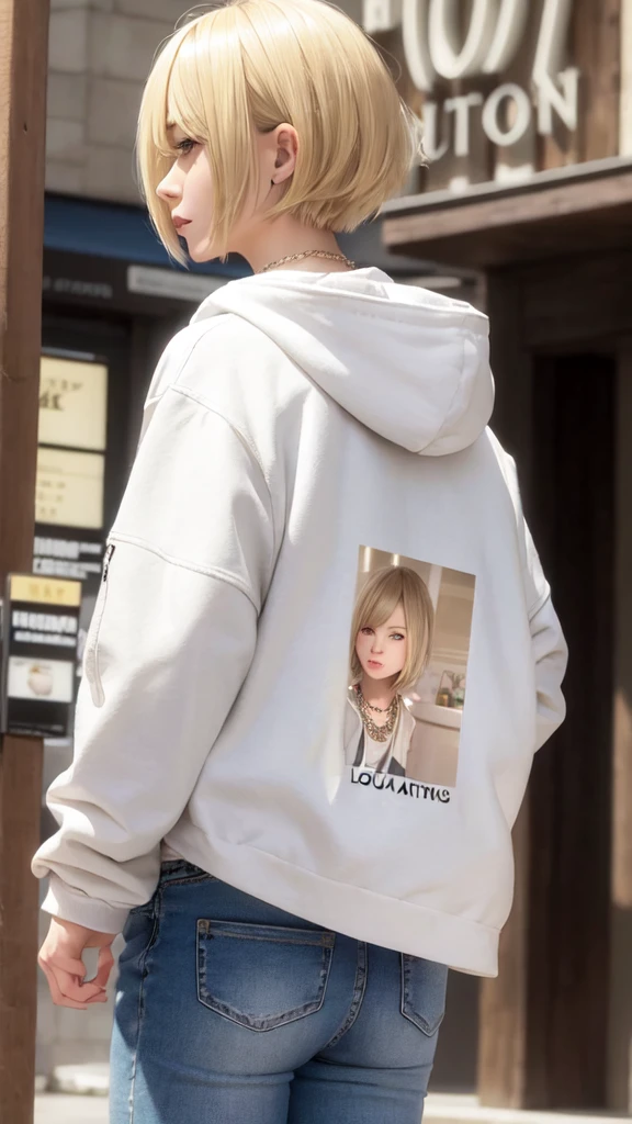 Blonde Bob Hair Small eyes Thin lips Wide jeans White hoodie with YUKA lettering Louis Vuitton Necklace night In town round face Back view